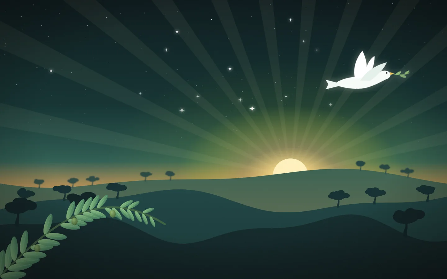 Aube sur des collines d’oliviers et colombe portant un rameau : visuel de l’initiative Gaza × Devsource