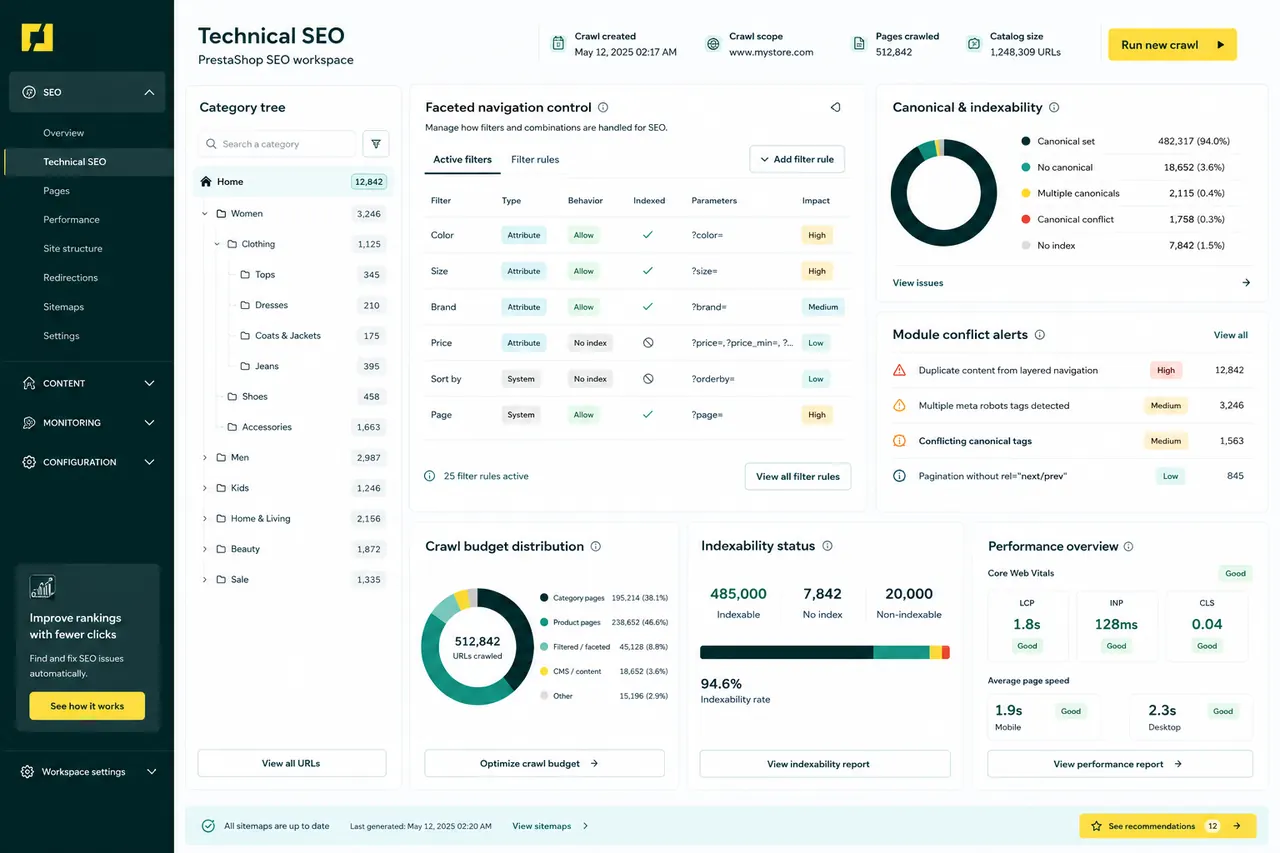 Interface d’audit SEO PrestaShop avec arbre de catégories, règles de