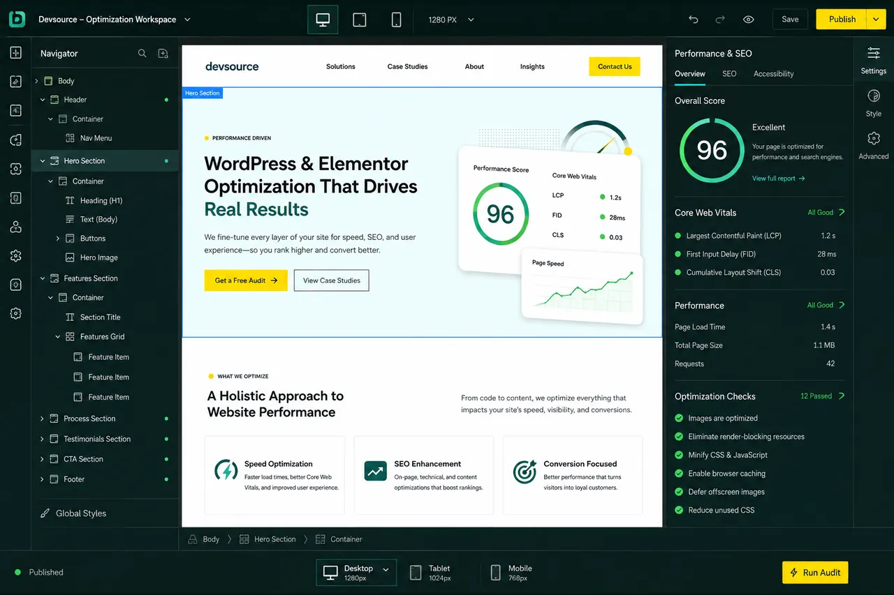 Interface Devsource d’optimisation WordPress et Elementor avec